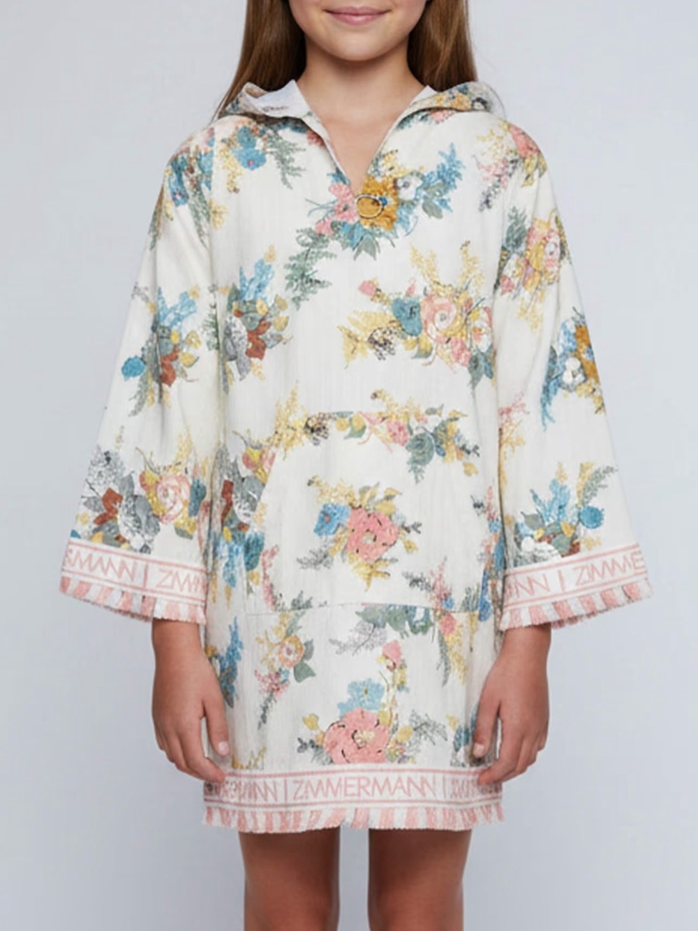 Zimmermann Cream Floral Hooded Kids Pajama Tunic with Pink Trim